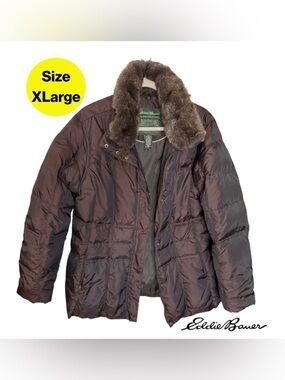 EDDIE BAUER 🤎 Premium Goose Down Jacket, Bronzed Brown, Faux Fur (Size X-Large)